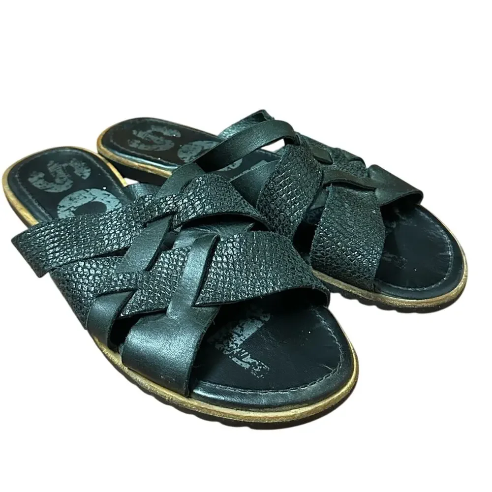 SOREL Ella Woven Leather Slide Sandals Flats Embossed Snakeskin Black Size 7.5